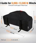 Fit guide illustration for Super Durable Waterproof Winch Cover With Zipper, dimensions and contour design for 8000-13500 lb winches.