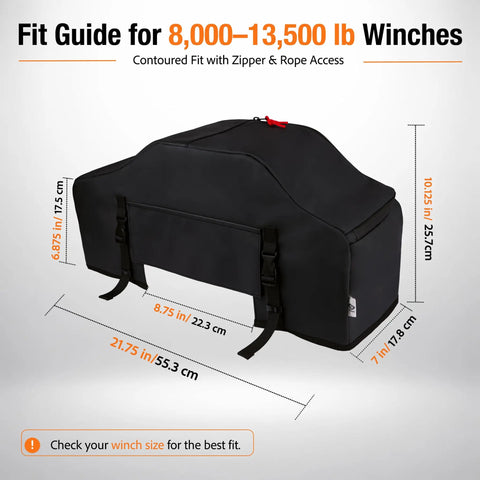 Fit guide illustration for Super Durable Waterproof Winch Cover With Zipper, dimensions and contour design for 8000-13500 lb winches.