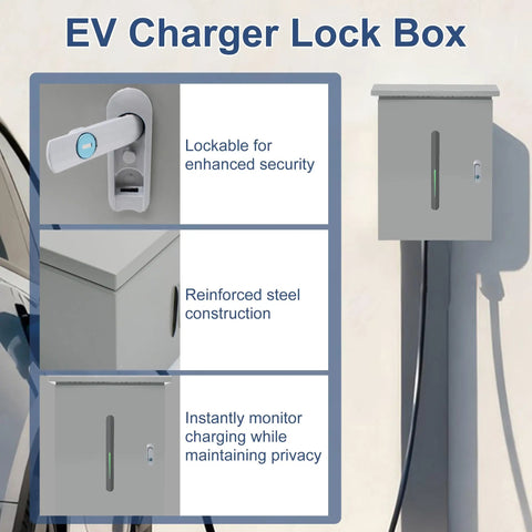 Heavy Duty Outdoor EV Charger Enclosure For Tesla Wall Plug With Secure Lock And Dual Cable Ports Weather Proof Shell, features lock and steel housing.