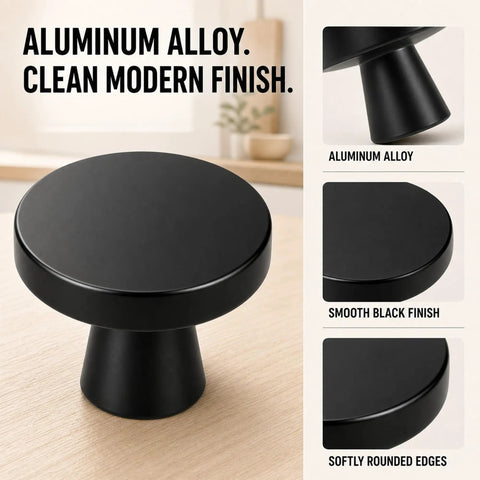 Rock Solid Matte Black Cabinet Knobs 20 Pack Round Zinc Alloy Drawer Handles Single Hole Mount Snug Threaded Grip Heavy Duty Kitchen Cupboard Pulls Perfect Room Refresh, smooth black finish.