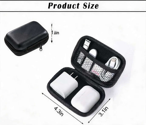 Compact Purple Charger Organizer Storage Case Durable Hard Shell displays interior with cords and chargers, measuring 4.3 by 3.1 inches.