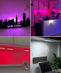 Rechargeable Wireless Under Cabinet Lights With Remote Control, 48 LED Bright White And RGB, Dimmable, installed in kitchens and shelves.