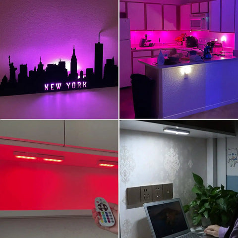 Rechargeable Wireless Under Cabinet Lights With Remote Control, 48 LED Bright White And RGB, Dimmable, installed in kitchens and shelves.
