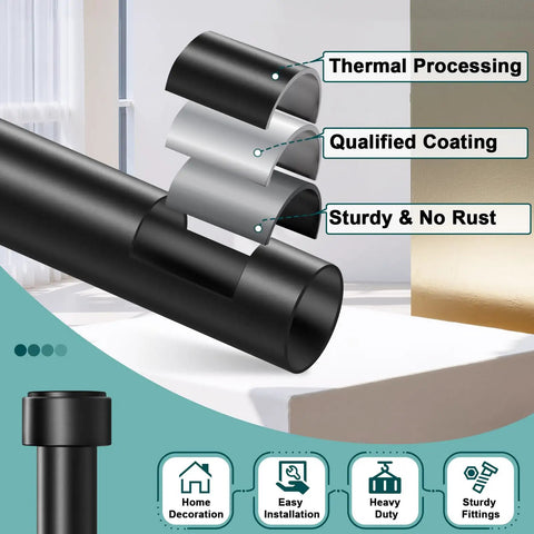 Heavy Duty Adjustable Curtain Rod For Windows 72 To 144 Inch 1 Inch Diameter Black showcasing sturdy steel layers