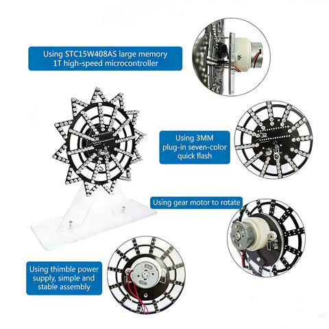 7 Color Ferris Wheel Soldering Practice Kit with LED and motor, showcasing components of the electronics DIY project for kids.