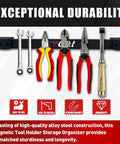Storage Organizer Tool Holder Set With Six Magnetic Tool Bars And One Wrist Magnetic Holder For Garage Shop And Kitchen Wall Mount Rack Includes Mounting Screws Heavy Duty Alloy Steel Holds Up To 22 Lbs showcasing tools on magnetic strip.