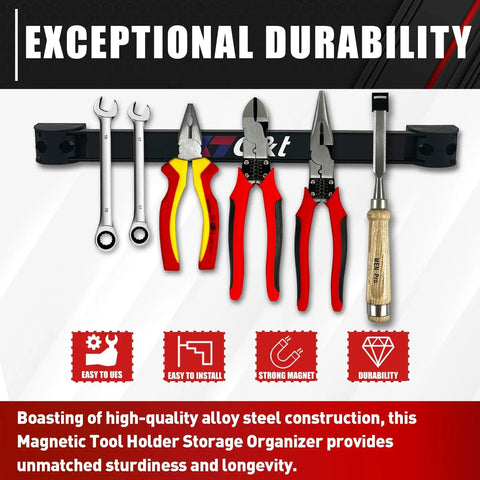 Storage Organizer Tool Holder Set With Six Magnetic Tool Bars And One Wrist Magnetic Holder For Garage Shop And Kitchen Wall Mount Rack Includes Mounting Screws Heavy Duty Alloy Steel Holds Up To 22 Lbs showcasing tools on magnetic strip.