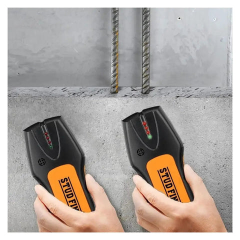 Heavy Duty Stud Finder And Wall Scanner With Metal Detector Mode To Track Wood Studs Electrical Circuits And Plumbing Lines Offering Slick Handling Audible Alarms And Bright Flashes For No Sweat Home Improvements 2 Pack in use, showing two handheld scanners detecting metal in walls.