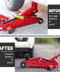 Floor Jack Pad And Universal Jack Stand Rubber Pinch Protector Car Adapter 4 Pack Must Have For Cars SUVs Trucks Vans And More Keeps Lift Points Safe And Adds Extra Grip And Height For Quick Tire Changes And Oil Changes installed on red jack under vehicle.