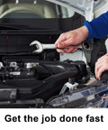 Mechanic using 18mm Ratchet Wrench With A Beefy 12 Point Box End And 72 Tooth Ratcheting for auto repair under car hood
