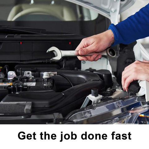 Mechanic using 18mm Ratchet Wrench With A Beefy 12 Point Box End And 72 Tooth Ratcheting for auto repair under car hood