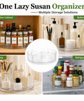 Four Pack 10.5 Inch Lazy Susan Organizers Smooth Operator Turntable Trays with Heavy Duty Non Slip Base in kitchen, vanity, bathroom, and fridge.