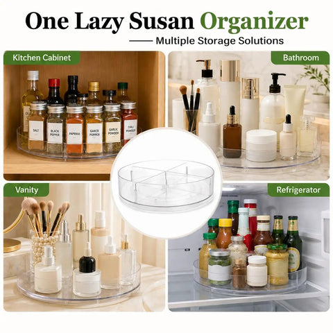 Four Pack 10.5 Inch Lazy Susan Organizers Smooth Operator Turntable Trays with Heavy Duty Non Slip Base in kitchen, vanity, bathroom, and fridge.