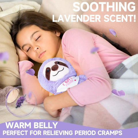 Tween First Period Starter Kit For Girls Aged Nine To Twelve With Comfort Essentials for School and Home showing heating doll with lavender scent.
