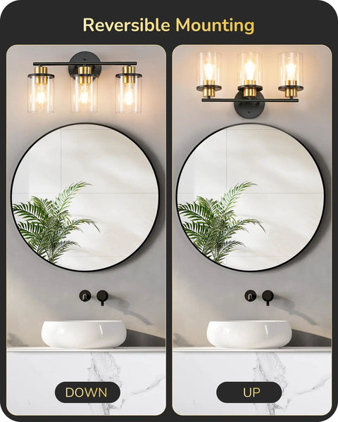 Chic Brushed Nickel 3 Light Vanity Light Over Mirror With Clear Glass Shades, reversible mounting on bathroom wall