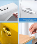 Set of 8 clear silicone furniture bumpers (4 long, 4 short) for cabinets, doors, and knobs; shown on cabinet and door handle.