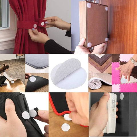 Heavy-Duty Removable Round Adhesive Hook And Loop Tapes For Wall Mounting in use on curtains, panels, and mats