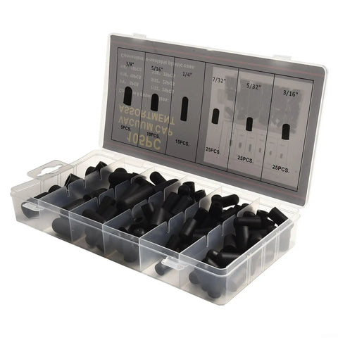 Premium 105 Piece Vacuum Hose End Cap Kit With Nine Sizes Of Flexible Rubber Seal For Quick Vehicle Rear Door Upgrade, Heat Resistant Up To 105C Abs Material Built For Tough Conditions And Effortless DIY Installation. plastic organizer with 105 black ABS hose caps, 9 sizes