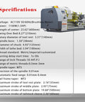 Specifications of 1100W Benchtop Mini Metal Lathe 8X24 Inch detailing features and dimensions for precision machining