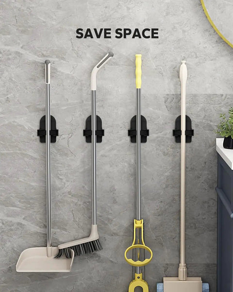 Beefy Heavy Duty Broom Holder Wall Mount Set Of 4 Black Metal Bracket For Brooms And Mops Organizer Installed on Wall