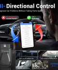 Man using Bidirectional OBD2 Scanner With Bluetooth For iOS And Android D200, Full System Diagnostics app on smartphone near car.