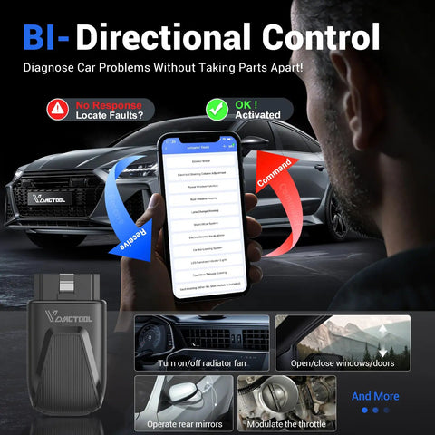 Man using Bidirectional OBD2 Scanner With Bluetooth For iOS And Android D200, Full System Diagnostics app on smartphone near car.