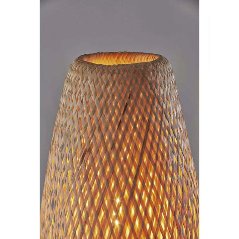 Close-up of bamboo shade on Hugo Table Lantern With Natural Bamboo Shade And Black Metal Finish, warm glow visible through weave.