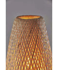 Tall Black Metal Floor Lamp With Natural Bamboo Shade close-up showing warm ambient light through open weave