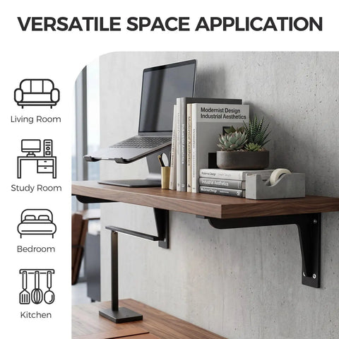 Heavy Duty L Shelf Brackets Set, Matte Black Stainless Steel Floating Shelf Brackets With 90 Degree Weld Free Construction supporting a desk