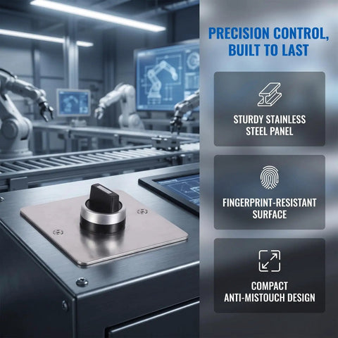 Rock Solid Three Position Rotary Switch With Brushed Stainless Steel One Hole Panel Plate For Cleanroom Medical Labs And Busy Workshop Setups Provides Smooth Handling And Zero Hassle, showcasing a sturdy stainless steel panel.