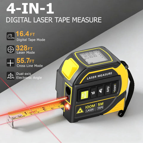 4-In-1 Digital Laser Tape Measure With 328 Ft Range And 16 Ft AutoLock Tape, Dual-Axis Leveling, Cross-Line Leveling, Class II Laser Output Under 1 mW, Built For DIYers, Pros, And Home Reno Projects on 5m tape measure