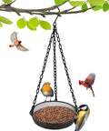 Large Capacity Hanging Bird Feeder For Garden And Yard Outdoors With Metal Mesh Platform And Fine Mesh Tray Holds Up To 3 Lb Of Seeds Easy Refill No Mess Attracts More Birds And Keeps Feeding Fresh, shown hanging with birds feeding