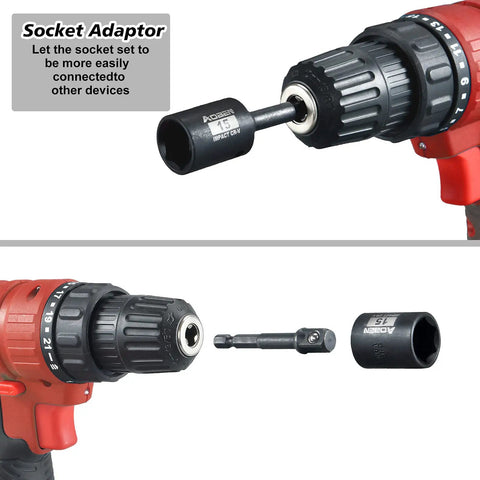 Beefed-Up Three Eighth Inch Drive Impact Socket Set With Forty Nine Pieces, Universal Joint and Adapter on drill