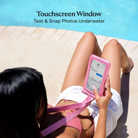 Woman using Waterproof Phone Pouch With Lanyard IP68 Floating Case For All Phones near pool, showcasing touchscreen on Lavender Holo pouch