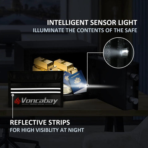 Home Money Safe Box With Sensor Light And Fireproof Bag, showing open safe with gold bars, passport, and fireproof bag