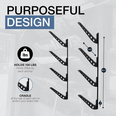 Four Level Wakeboard Wall Mount Rack For Garage And Boat House - Heavy Duty Wake Surf Board Rack shown with dimensions