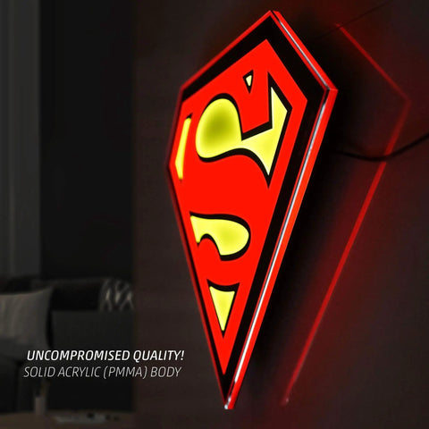 Superman Table Lamp And Night Light With Luminescent Halo, 3D S Shield Crest Wall Light Mountable, acrylic material shown.
