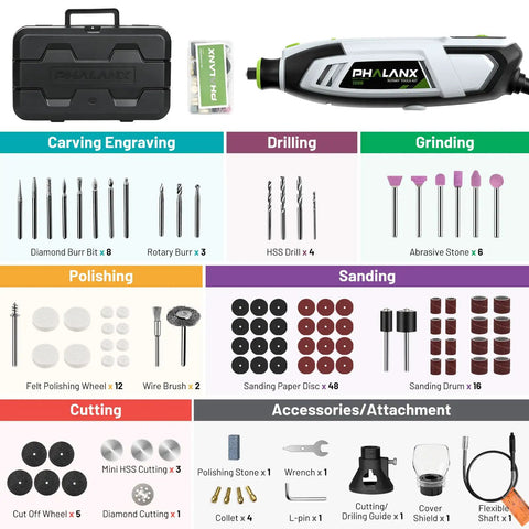 Badass 200W Rotary Tool Kit Featuring Kickin Variable Speed Control and Flexible Extension Shaft With Massive 132 Piece Accessory Collection for Heavy Duty DIY engraving, sanding, and polishing.