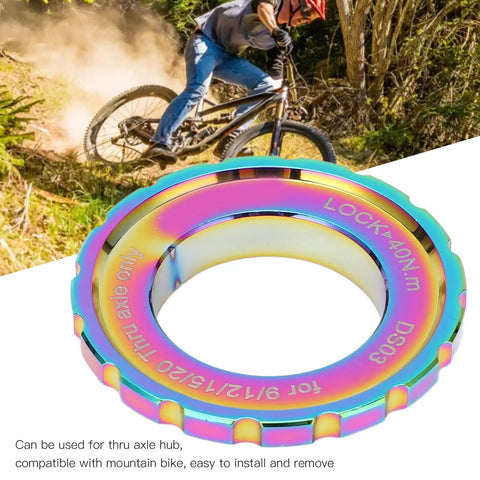 Centerlock Rotor Lockring Cover For Mountain Bikes Dope Bright Color Aluminum Alloy Shield with cyclist on trail