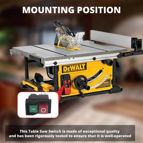 Table Saw Switch Replacement N603746 For Dewalt Models DWE7485 DWE7491RS And More mounted on DeWalt table saw