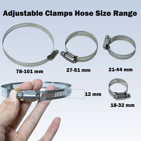 Heavy Duty Stainless Steel Hose Clamps Assortment Kit With Adjustable Worm Gear Band For Garden And Auto Radiator Pipes 6 To 101mm Silver, 78-101 mm clamp