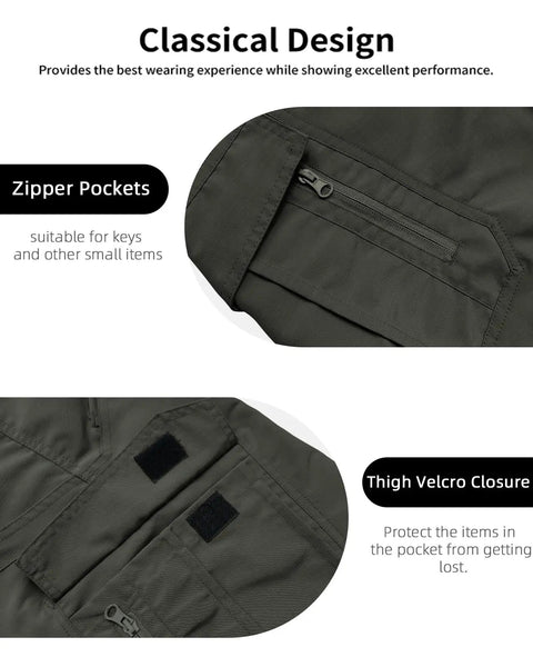 Close-up of Mens Hiking Cargo Shorts Waterproof Tactical Short With 6 Pockets No Belt Durable Stretch Fabric showing zipper and Velcro closure