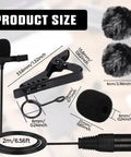 Product size of Four Pack 3 Pin XLR Lavalier Microphone Kit with 6.56 ft cables, showing clip, foam and fur windscreens dimensions.
