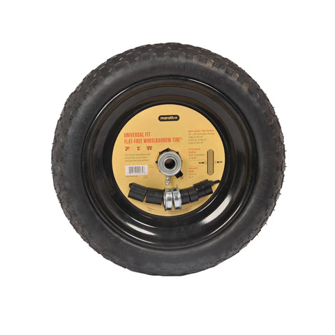 No Flat Universal Fit Wheelbarrow Tire And Wheel Assembly with adapter kit, 14.5 inch solid polyurethane foam, ribbed tread, front view