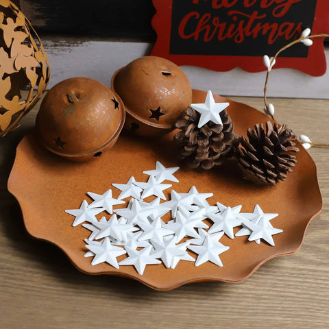 White Mini Metal Barn Stars Set of 27 for Crafts on decorative plate with pinecones, antique finish for DIY decor and holiday embellishments