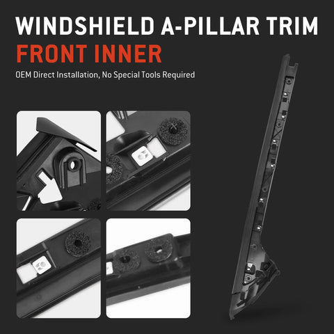 Windshield A-pillar trim molding for Ford Explorer (2011–2019), front inner, black plastic, driver and passenger sides