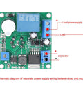 Plug And Play Smoke Sensor Module With Adjustable Threshold And Cranking Buzzer, sleek green PCB with labeled wiring for load and power.