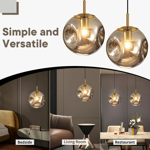 Modern Smoke Gray Glass Globe Pendant Light 3 Pack, 7.87" Hardwired Brass Pendant with Adjustable 59" Cord for Kitchen Island, Dining Room, Bedroom, E26 Base, Bulb Not Included in varied settings.