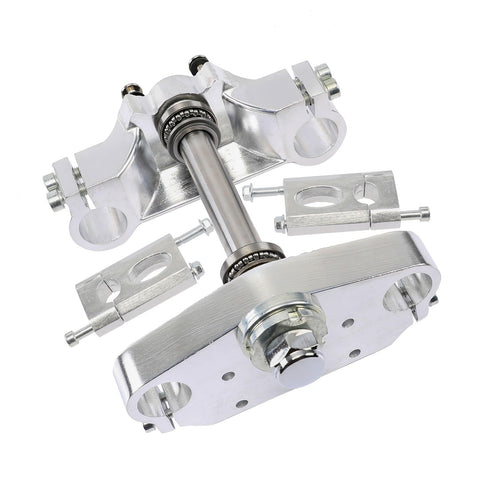 Triple Tree Clamp Handlebar Riser Kit For 33mm Forks With 22mm Bar Risers, bolt on replacement, silver CNC aluminum components