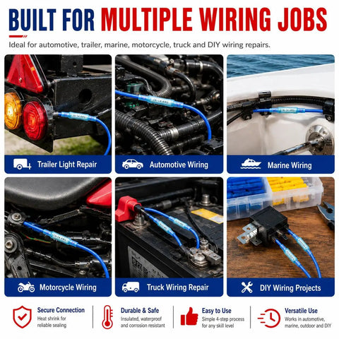 Shop Grade Heat Shrink Butt Connector And T Tap Splice Kit With Heavy Duty Wire Crimper 250 Piece Assorted Terminals 22 To 10 Awg for automotive wiring and trailer light repair.
